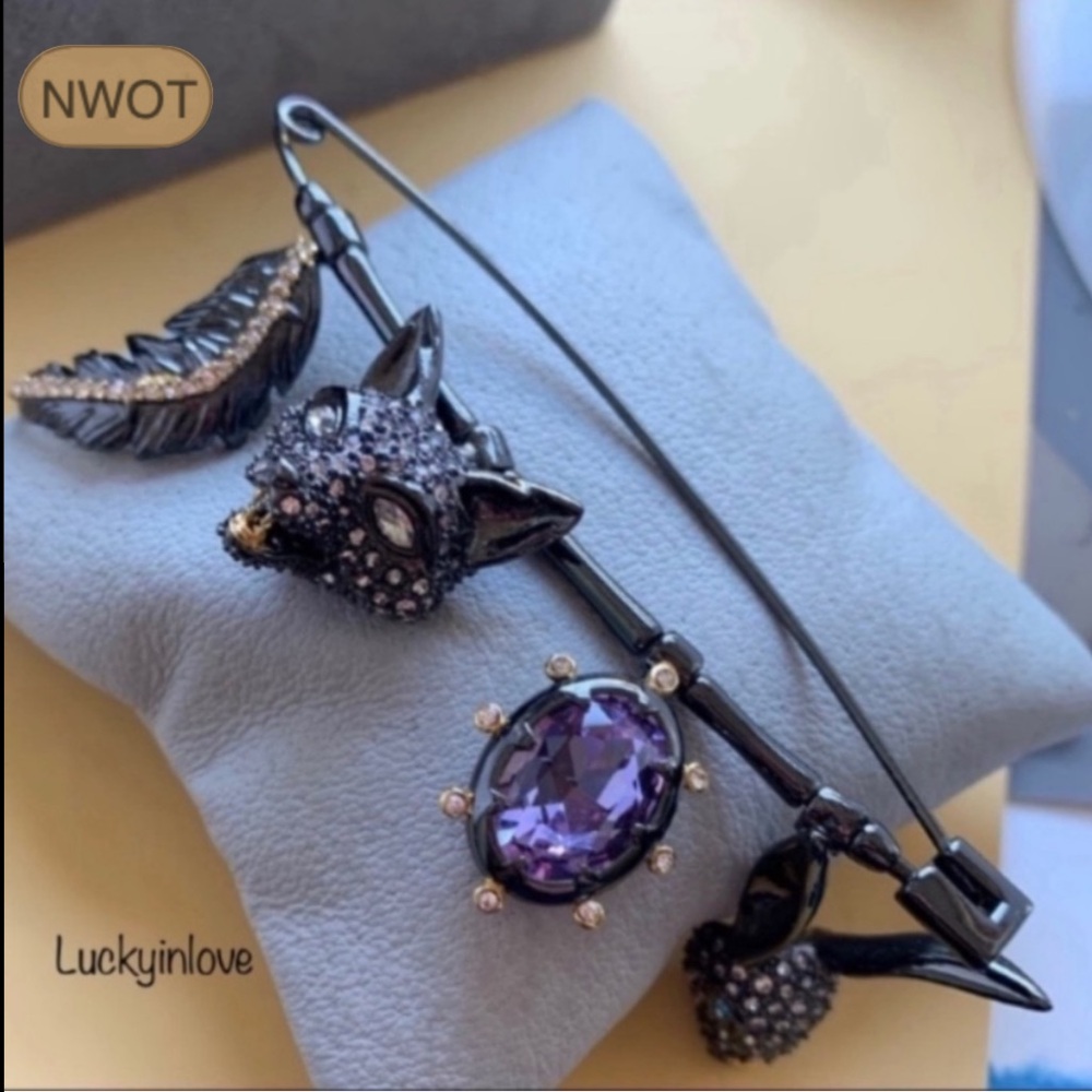ALEXIS BITTAR • Woodland Fantasy Animal Fox Hare Feather Black Purple Pin Brooch